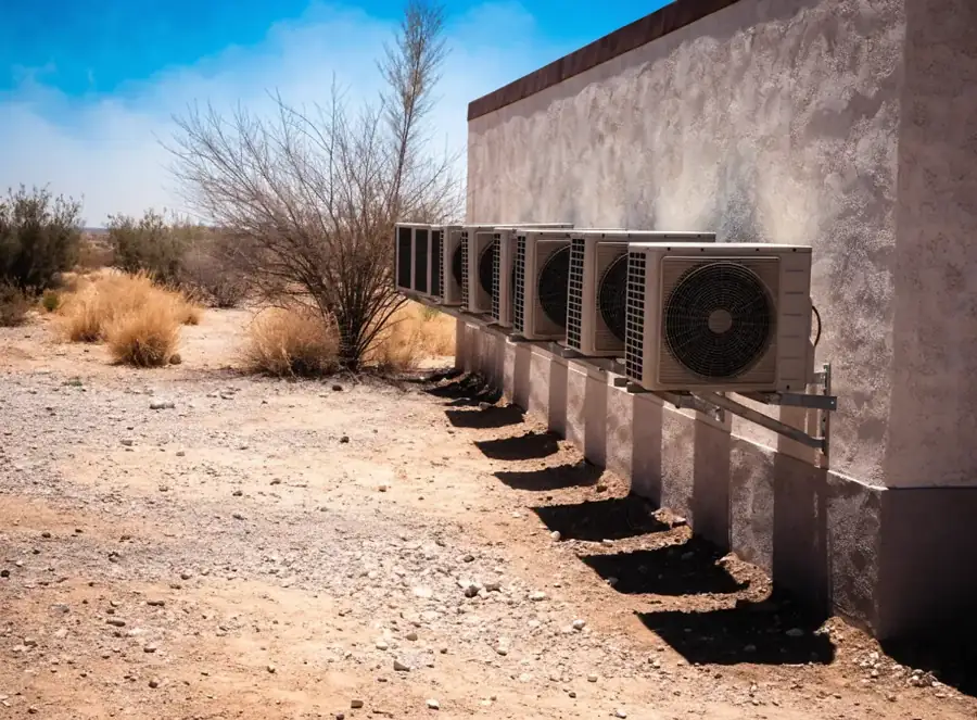Unidades condensadoras de aire acondicionado en el exterior de una casa en el desierto