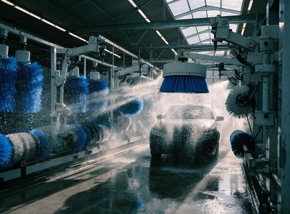Interior de un túnel de autolavado con cepillos y agua en operación