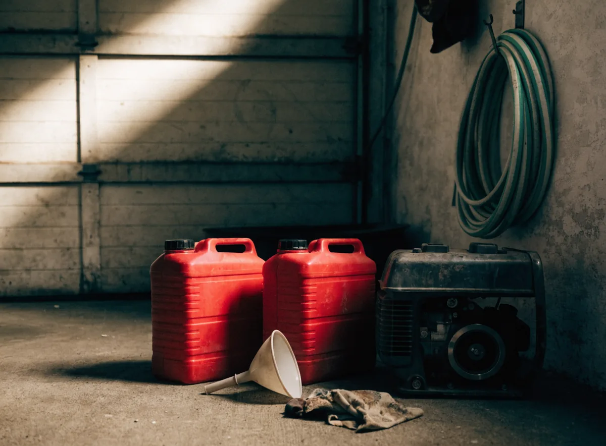 Bidones de gasolina guardados en la cochera de una casa