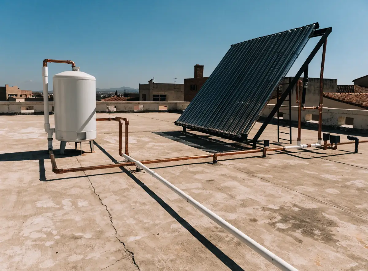Boiler de gas instalado junto a un calentador solar de tubos
