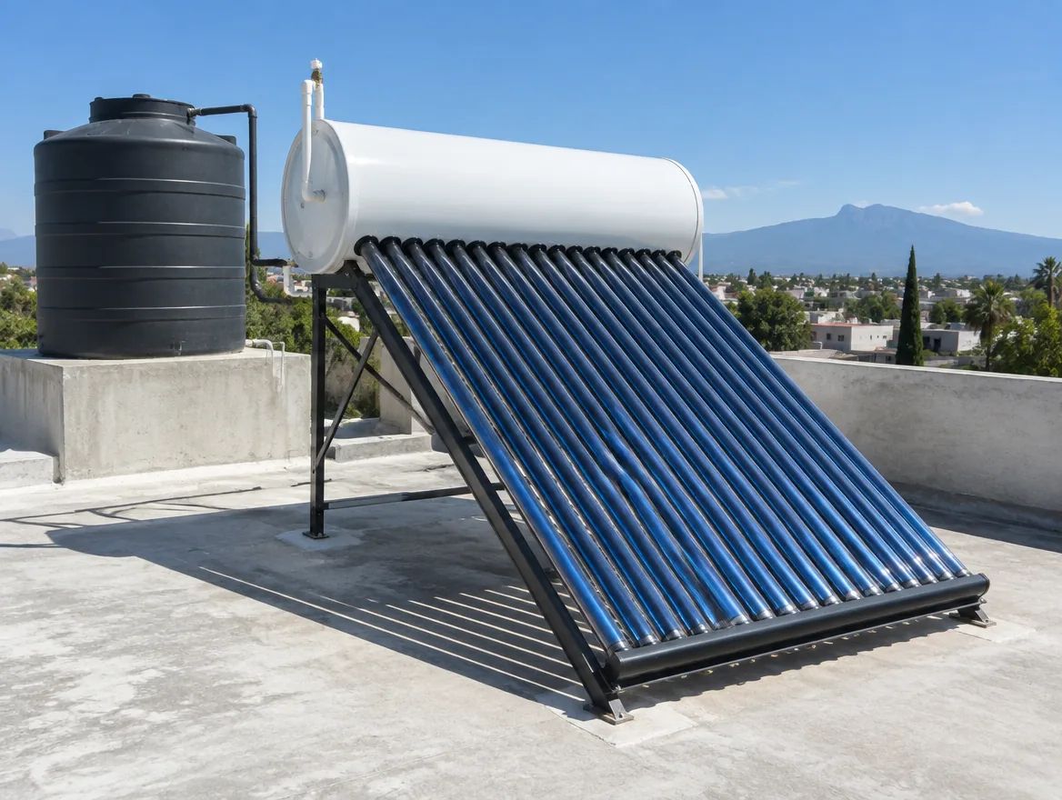 Calentador solar de tubos instalado en una azotea junto al tinaco