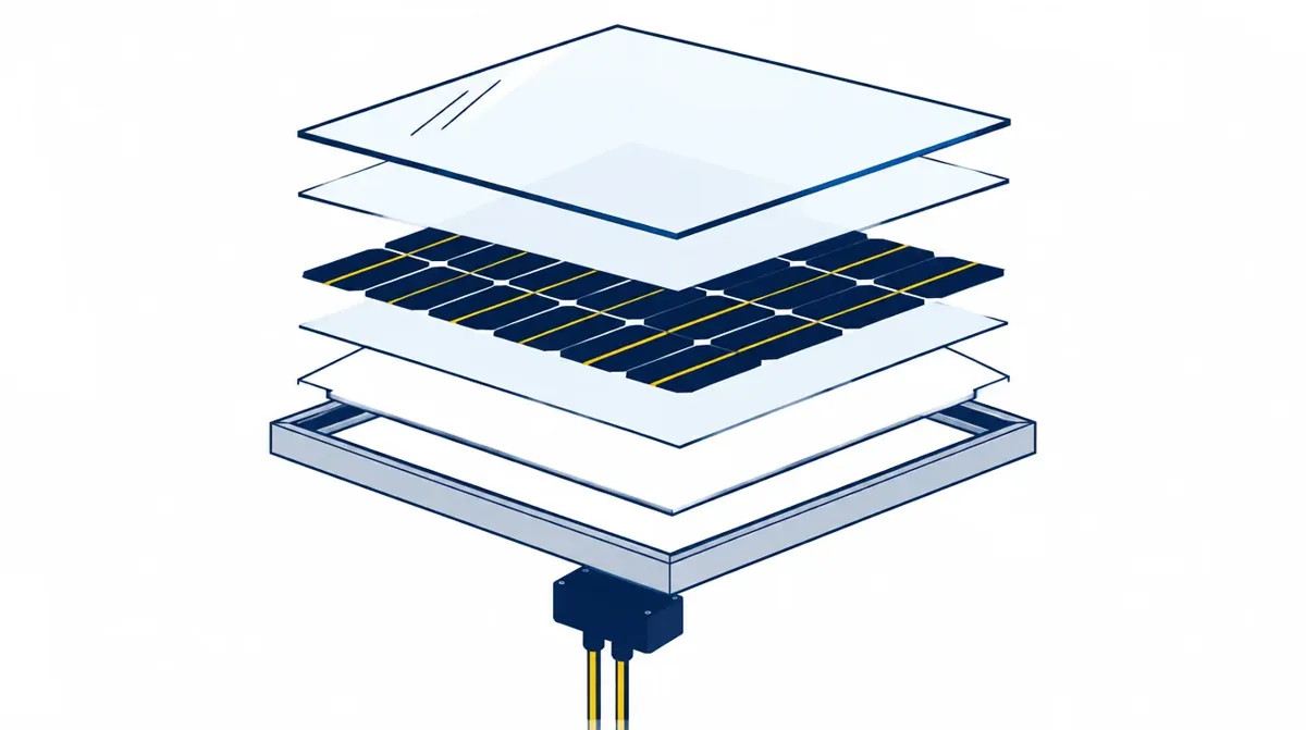 Vista de las capas internas de un panel solar: vidrio, encapsulante, celdas y respaldo