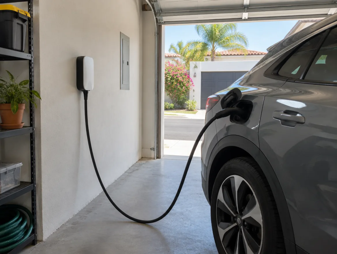 Auto eléctrico cargando en una cochera
