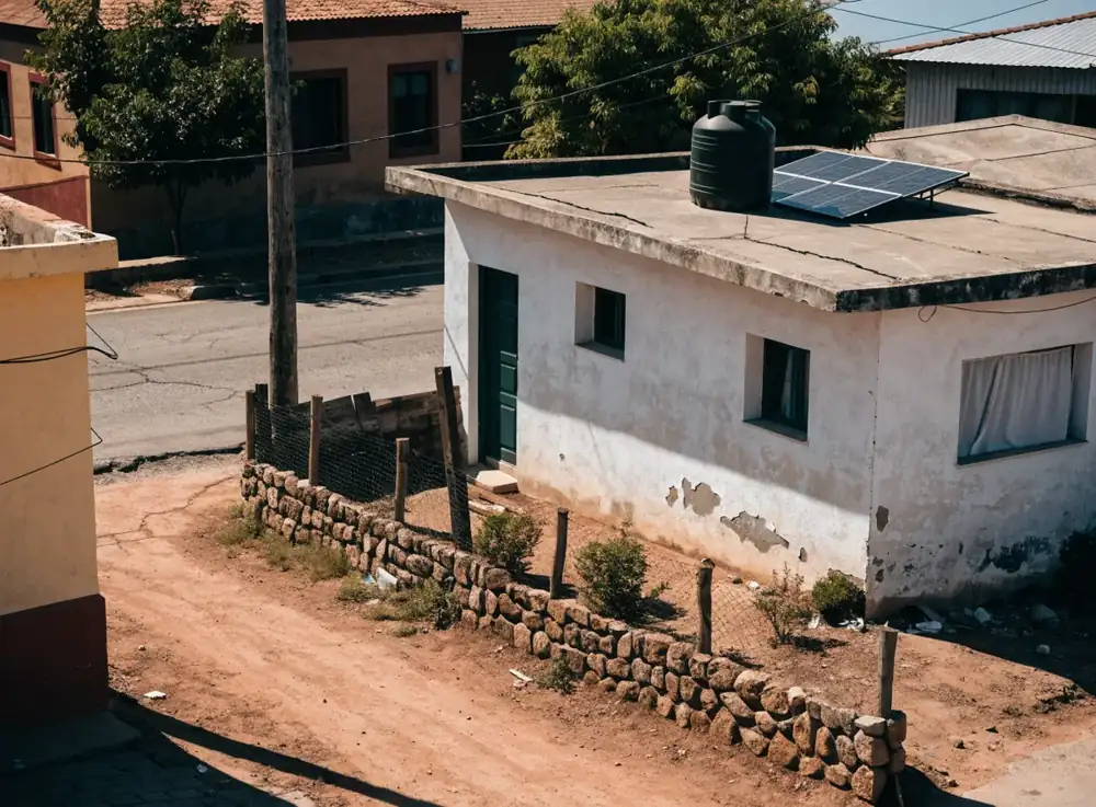 Casa de un nivel con losa plana, tinaco y un arreglo pequeño de paneles solares