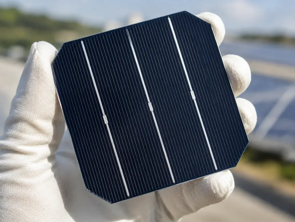 Celda solar monocristalina sostenida en la mano