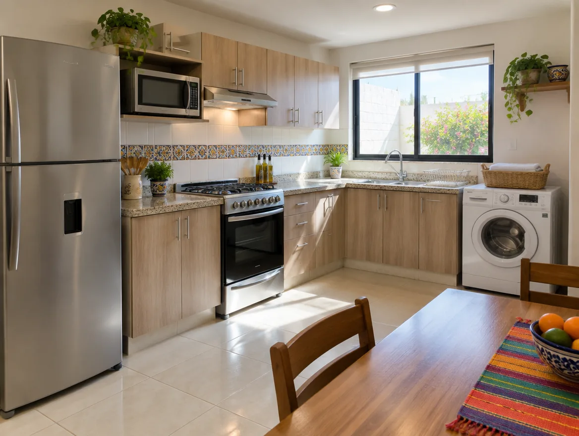 Cocina con refrigerador, microondas y lavadora