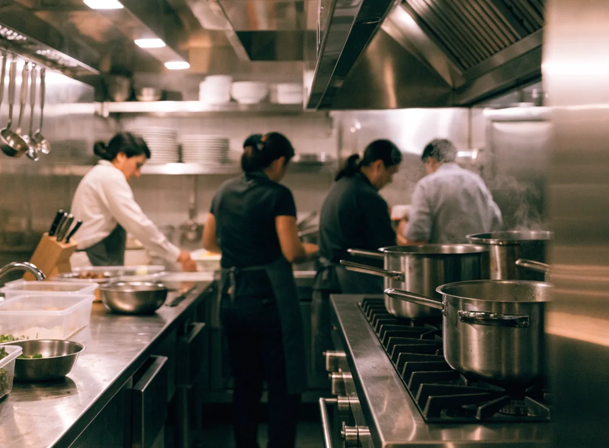 Cocina industrial de restaurante con planchas, campana de extracción y personal trabajando
