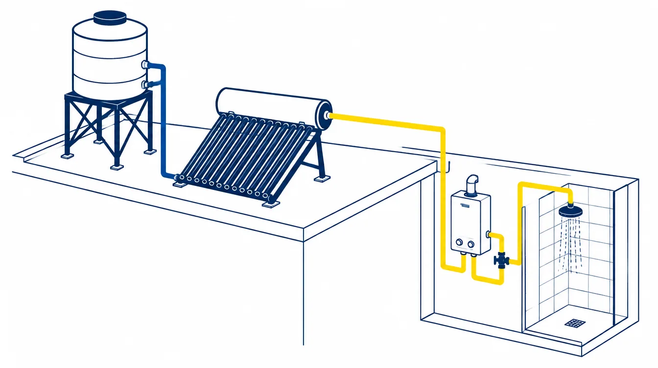 Diagrama de la instalación con tinaco, calentador, boiler y regadera