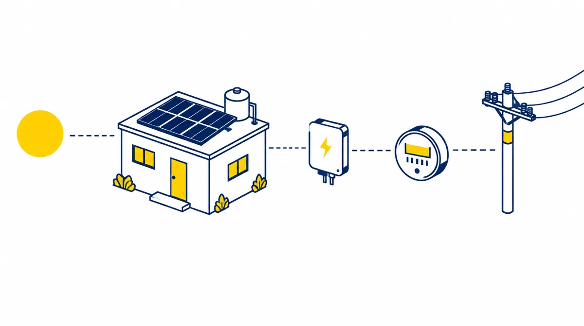Ilustración: el sol, una casa con paneles, el inversor, el medidor de CFE y la red eléctrica