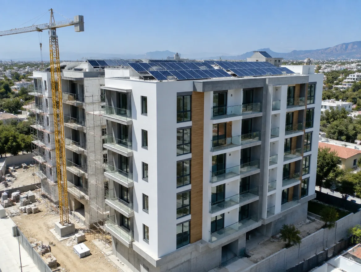 Torre de departamentos en construcción con paneles en la azotea