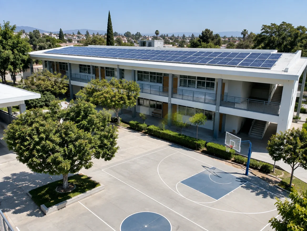 Escuela con paneles solares en el techo