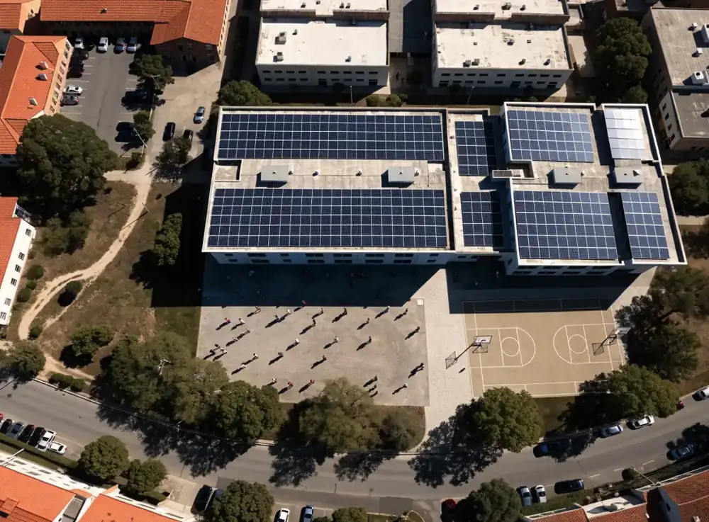 Patio de una escuela con techumbre y edificio de aulas de dos niveles