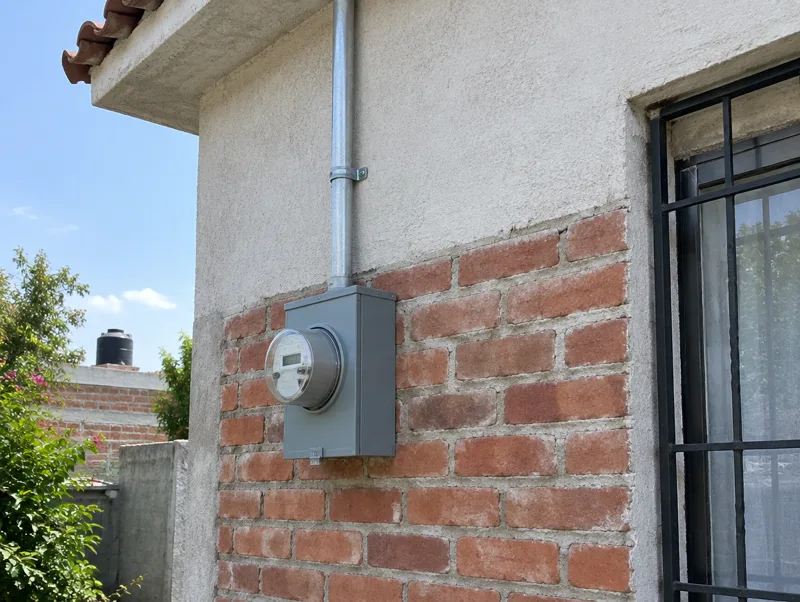 Medidor de luz en la fachada de una casa
