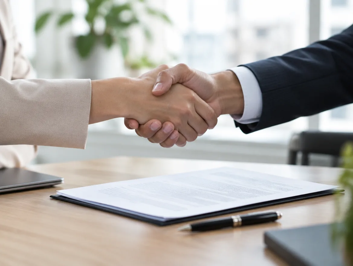 Apretón de manos sobre un contrato en una oficina