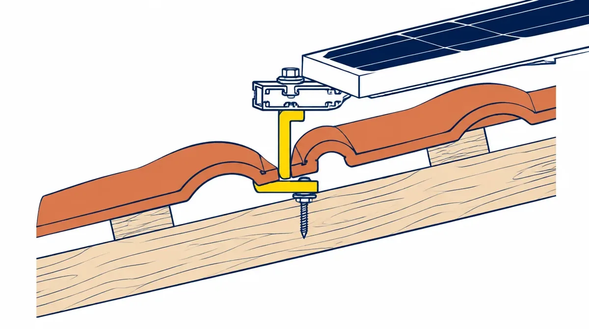 Ilustración de un gancho de montaje para panel solar anclado a la viga bajo la teja
