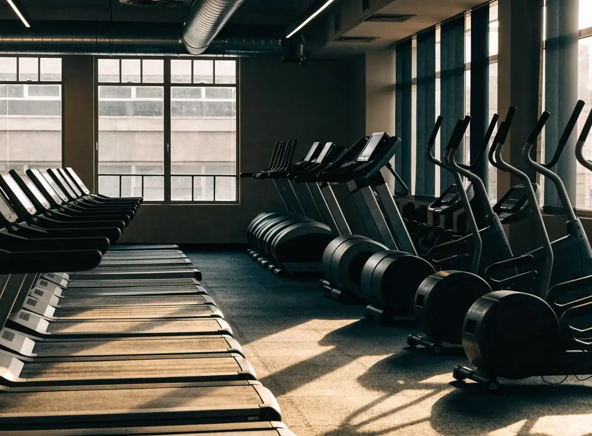 Fila de caminadoras y elípticas en el área de cardio de un gimnasio