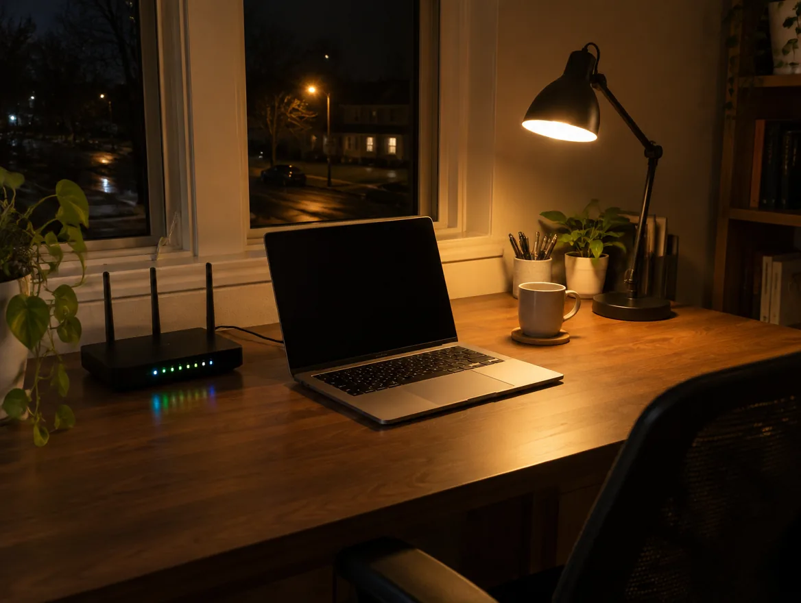 Escritorio con laptop y módem encendidos de noche