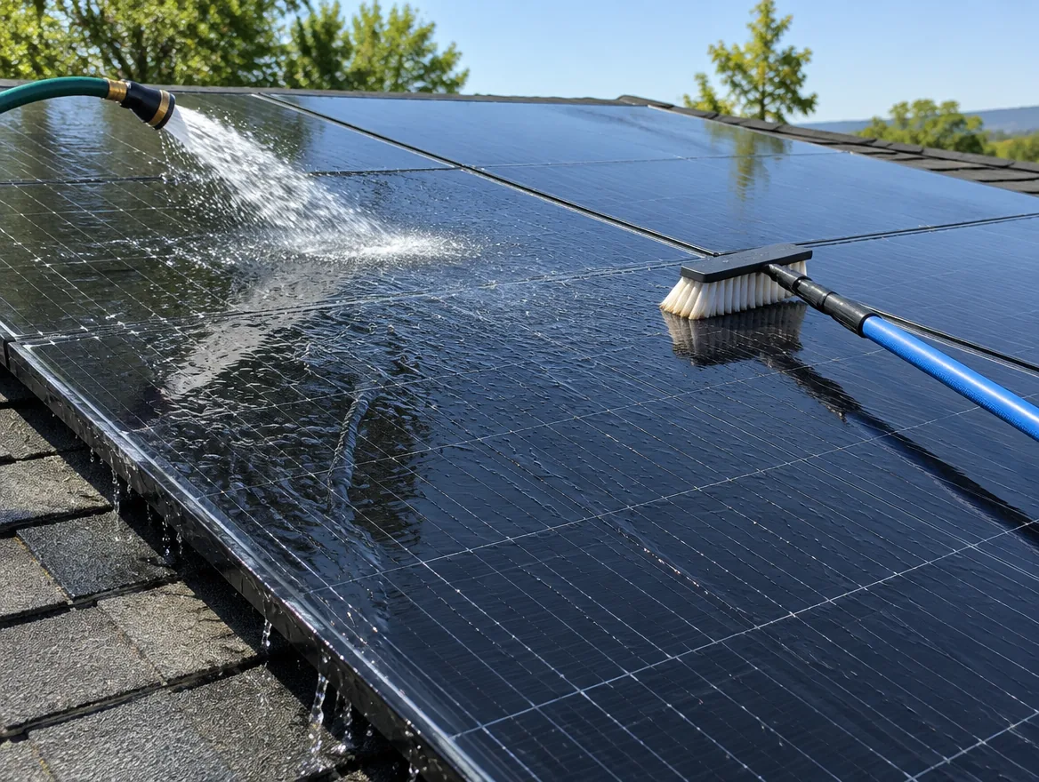 Paneles solares siendo limpiados con agua
