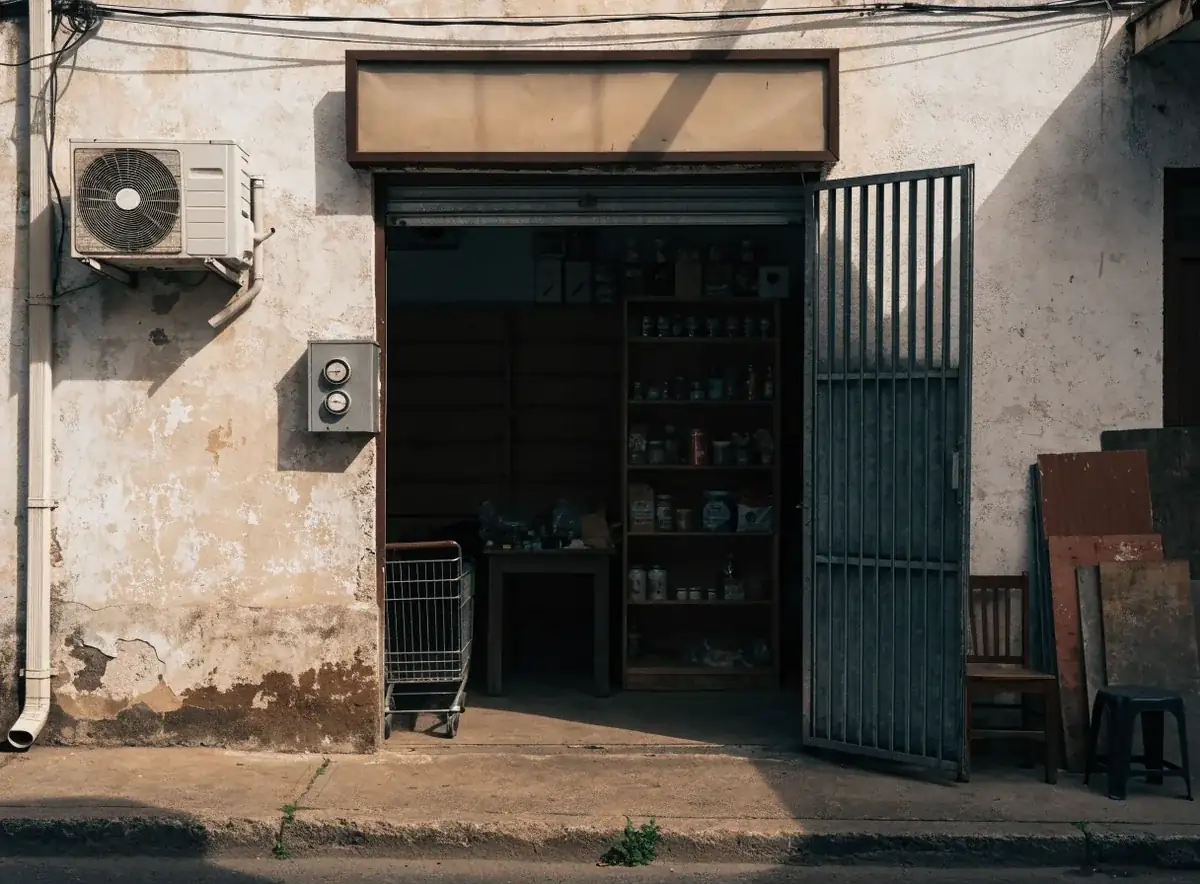 Local comercial de calle con cortina metálica abierta y medidor eléctrico en la fachada