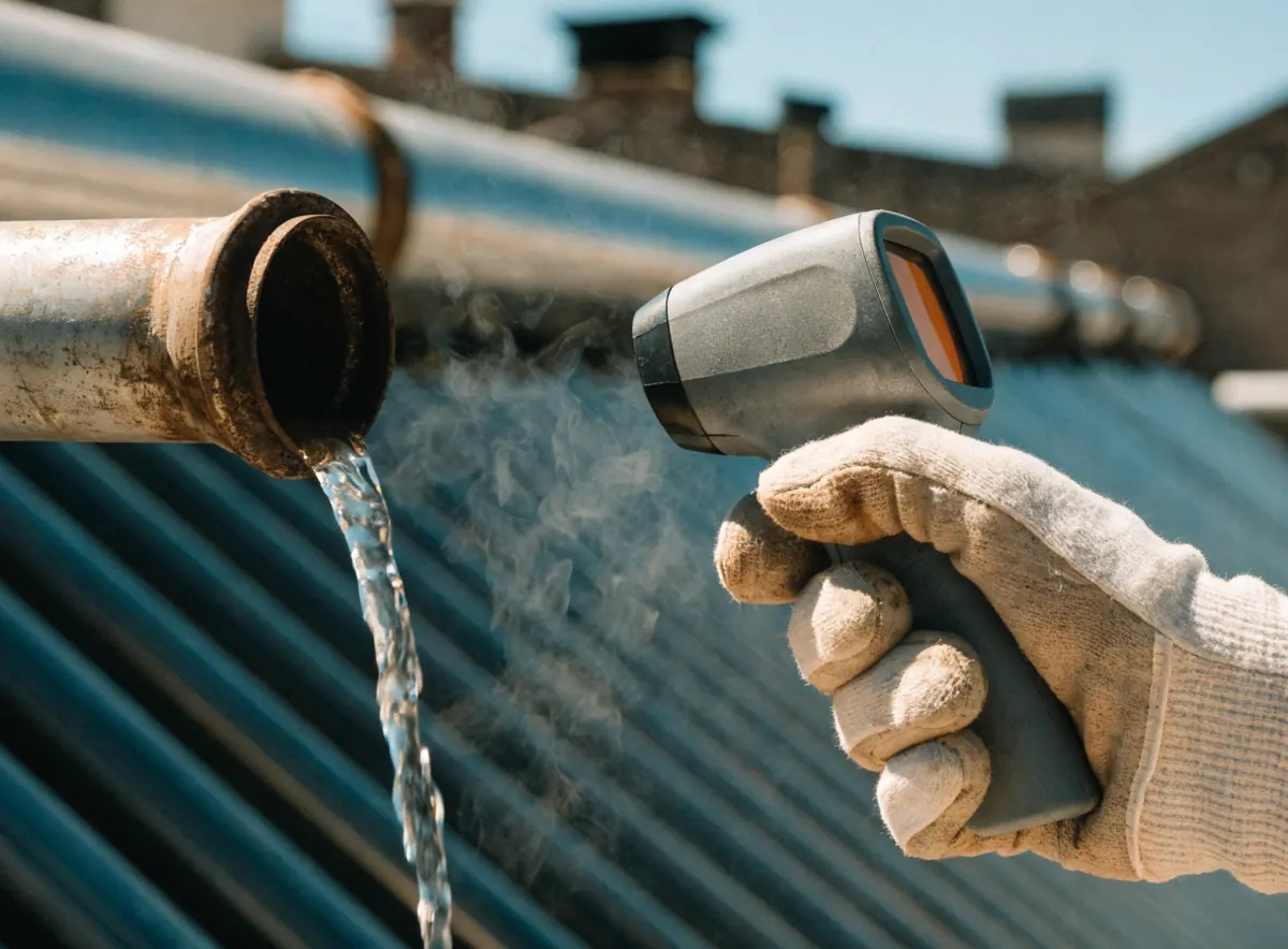 Técnico midiendo con termómetro la temperatura del agua de una llave