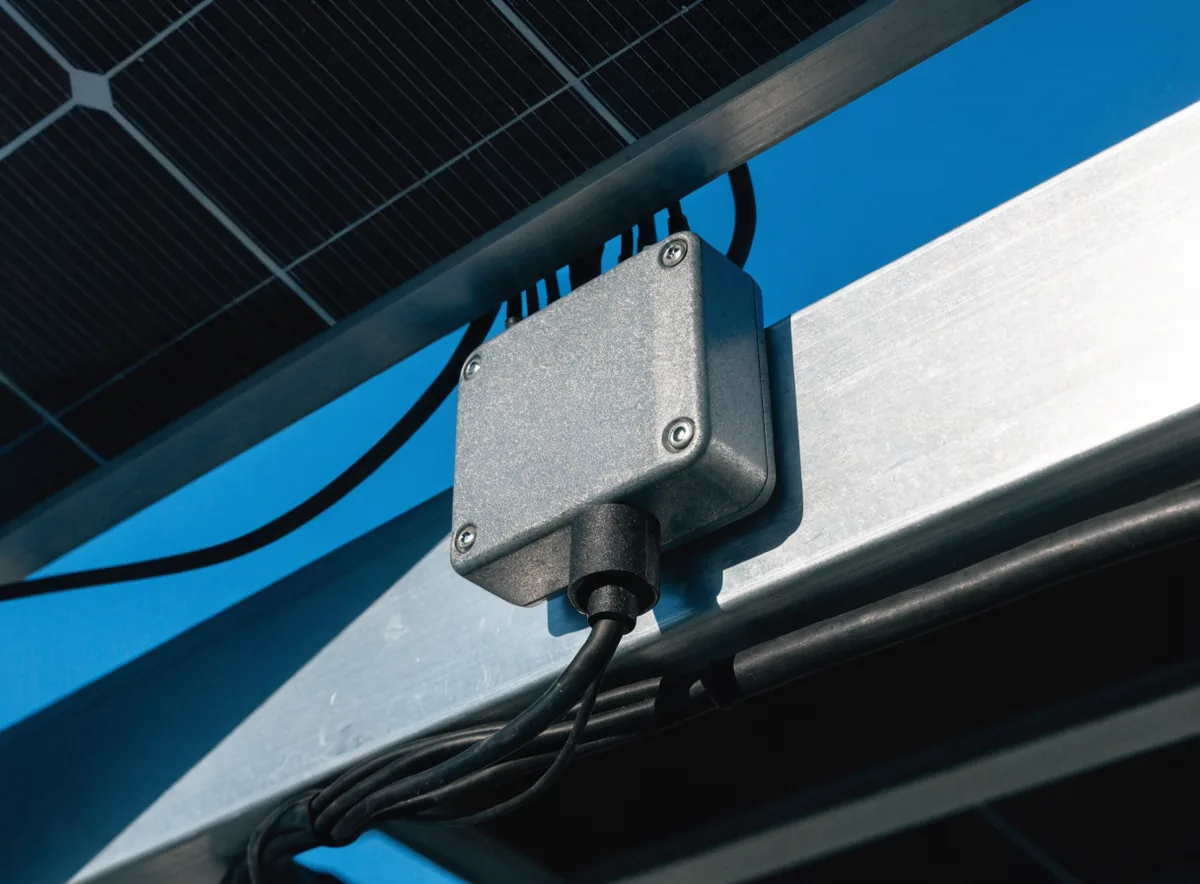 Microinversor montado bajo un panel solar en la azotea