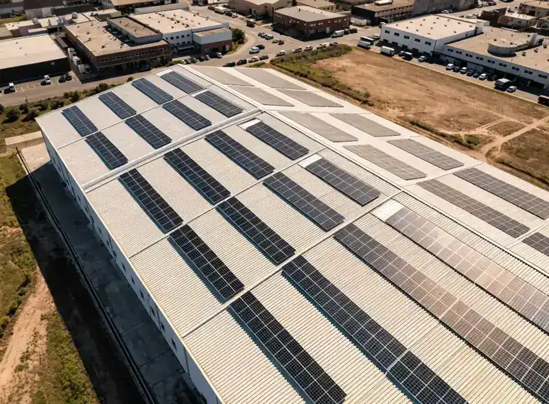 Techo de lámina de una nave industrial cubierto con paneles solares vista desde el aire