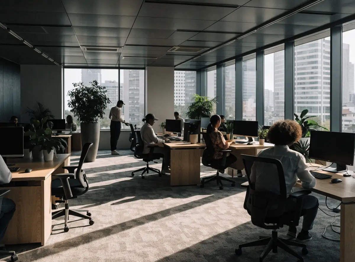 Interior de una oficina corporativa con luz natural y estaciones de trabajo