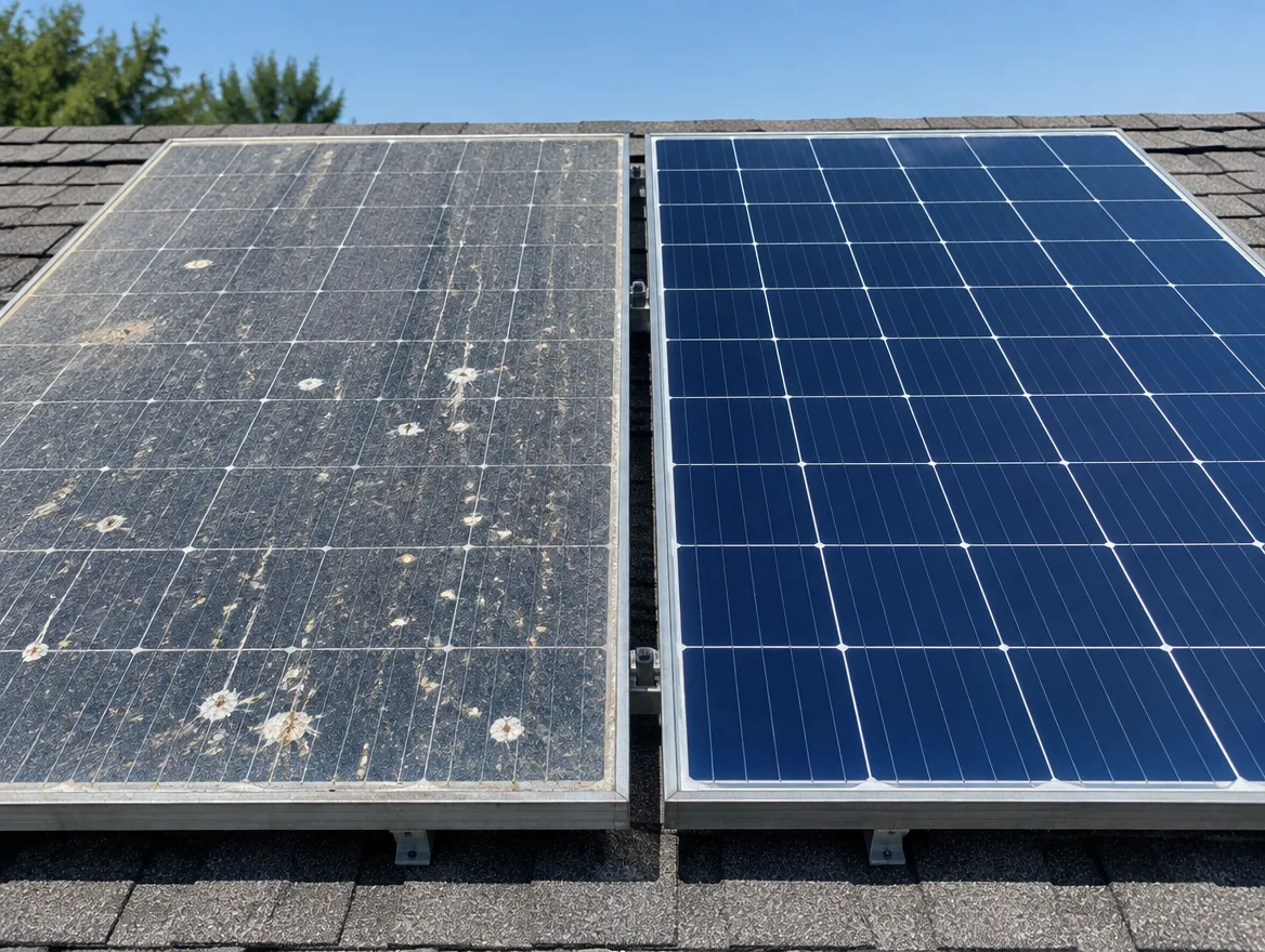 Dos paneles solares: uno sucio con polvo y excremento de aves, otro limpio