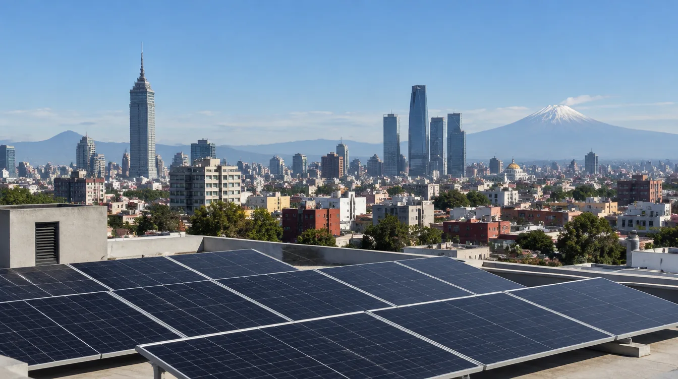 Azotea con paneles solares en Ciudad de México con la Torre Latinoamericana y el Popocatépetl al fondo