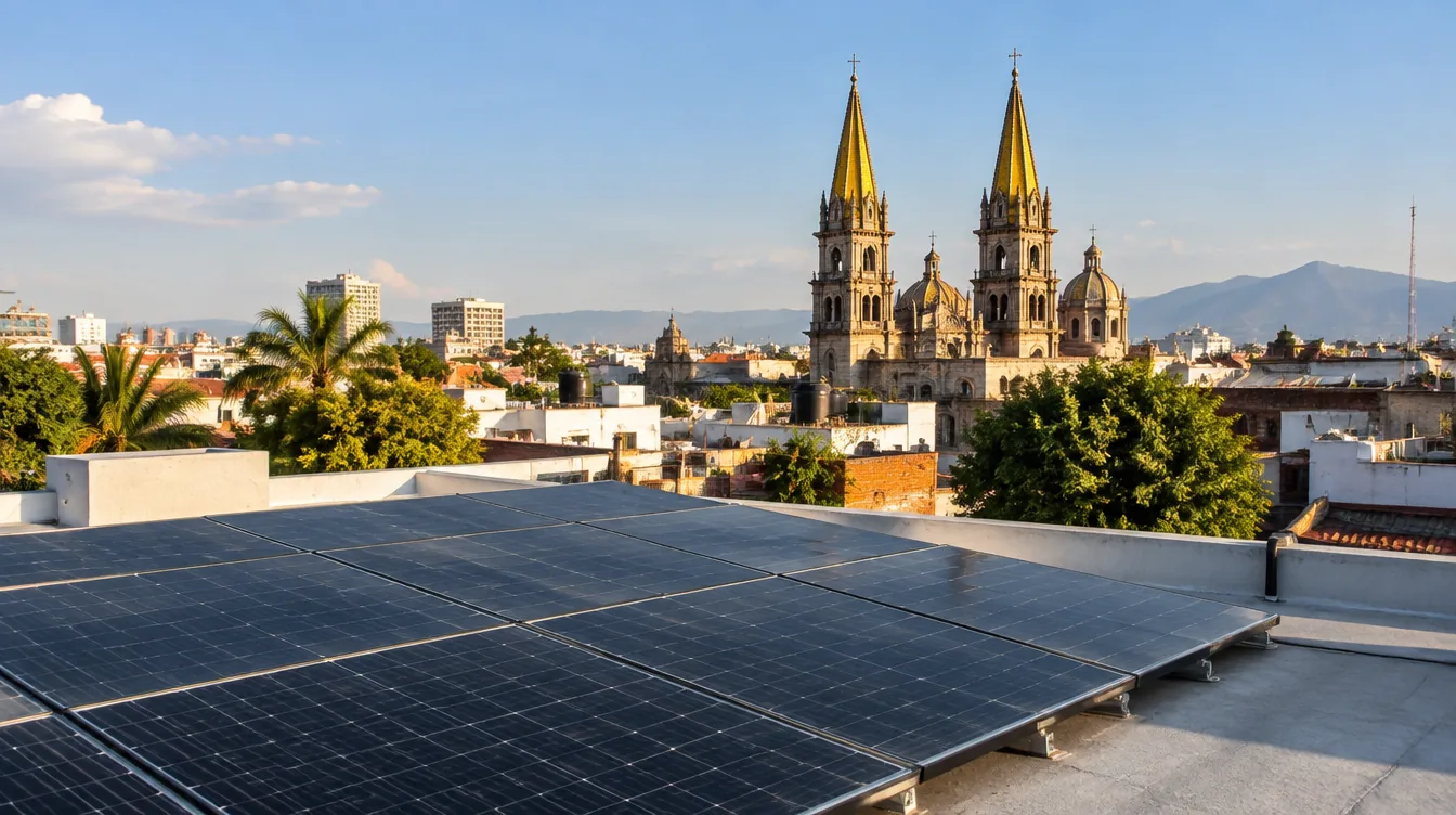 Azotea con paneles solares en Guadalajara con las torres de la catedral al fondo