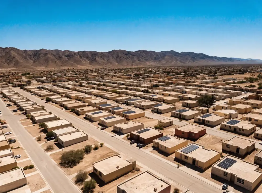 Vista aérea de una colonia de Hermosillo con paneles solares en las azoteas y el desierto de Sonora al fondo