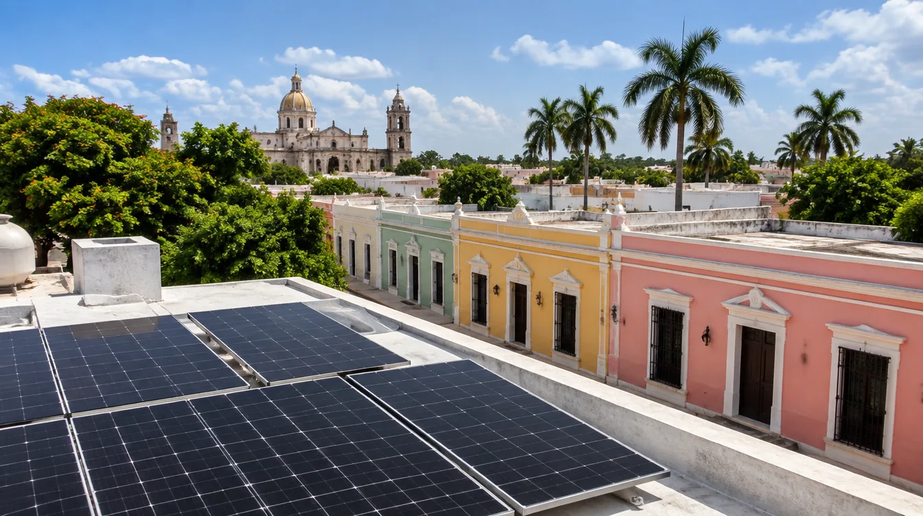 Azotea con paneles solares en Mérida con casas de colores y palmeras al fondo