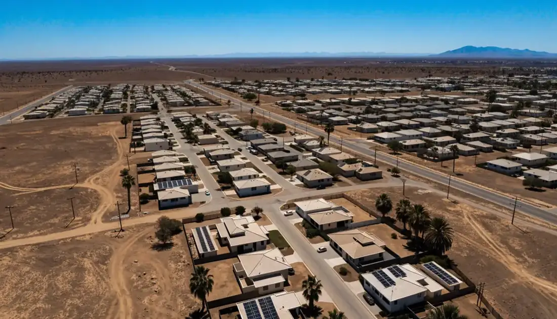 Colonia residencial de Mexicali vista desde el aire, con paneles solares en las azoteas y el desierto al fondo
