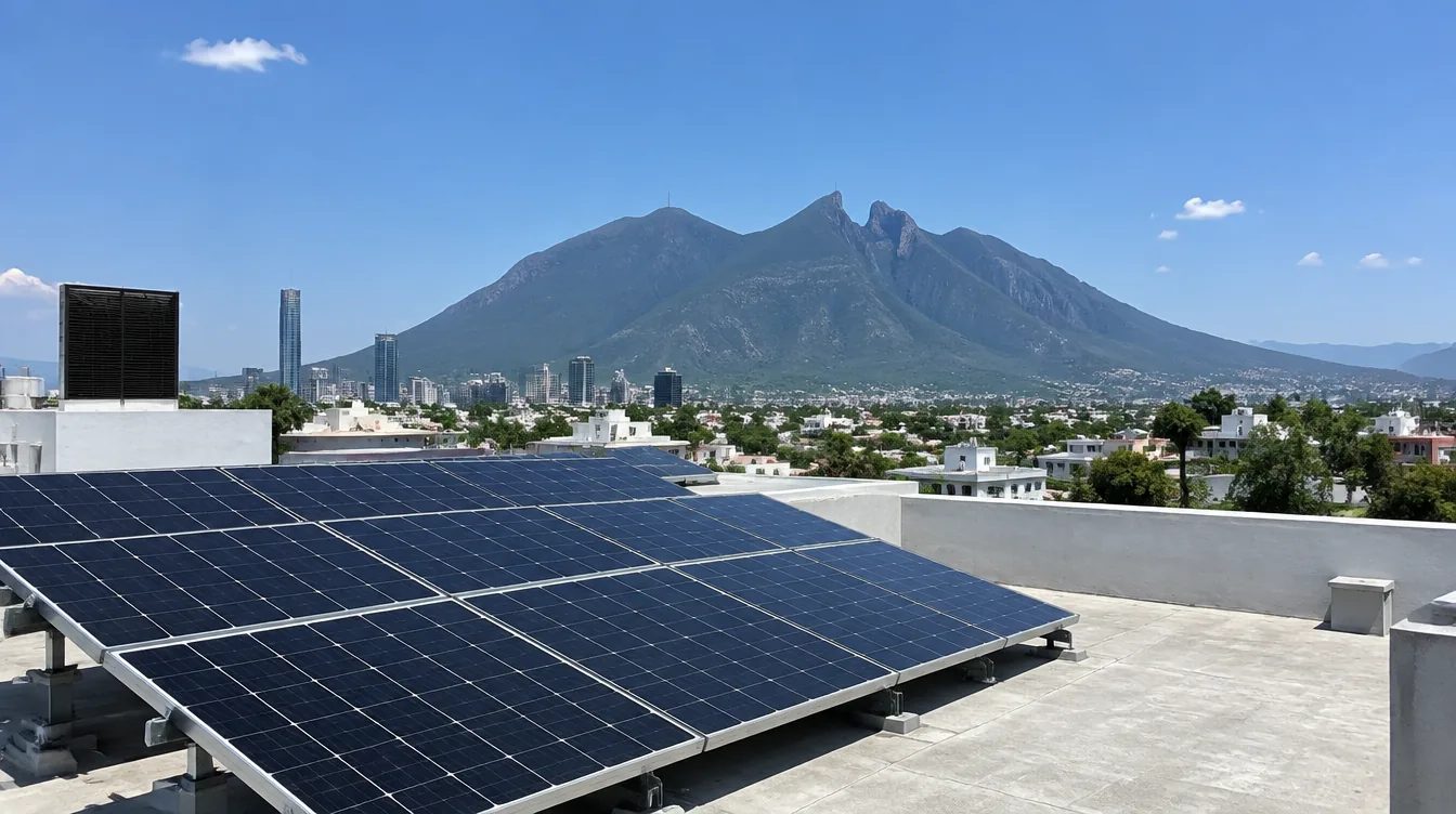 Azotea con paneles solares en Monterrey con el Cerro de la Silla al fondo