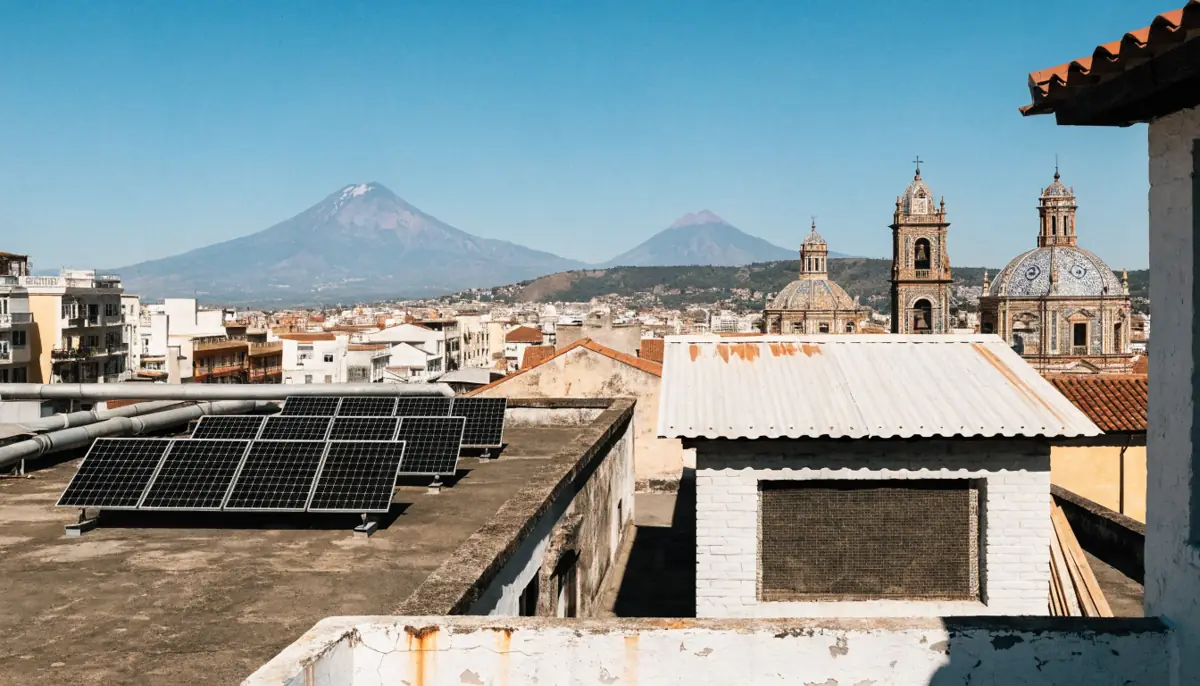 Azotea con paneles solares en Puebla con el Popocatépetl al fondo