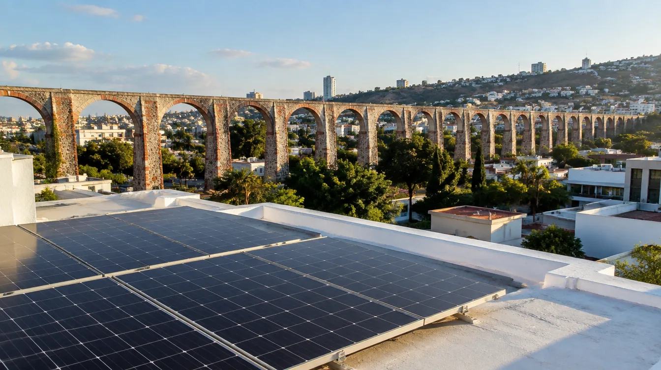 Azotea con paneles solares en Querétaro con los arcos del acueducto al fondo