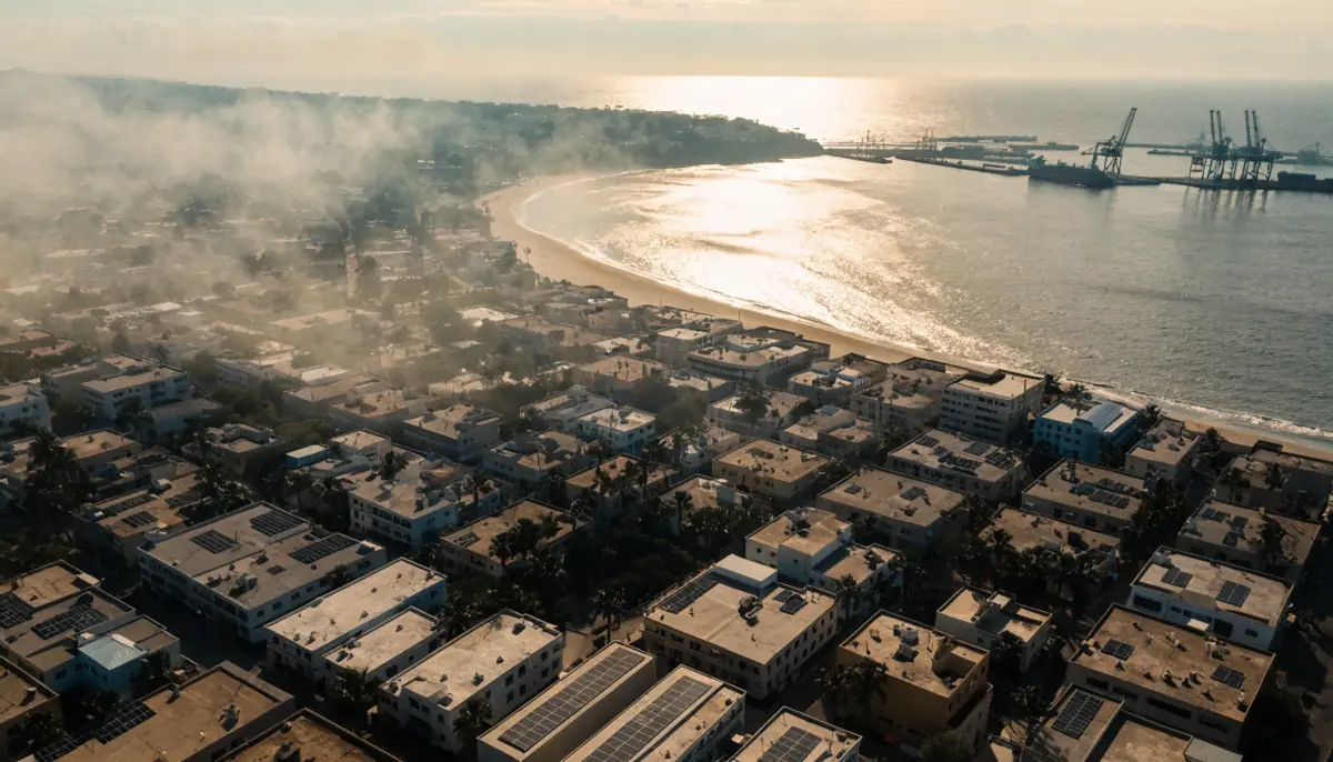 Vista aérea del puerto de Veracruz con paneles solares en las azoteas y el golfo al fondo