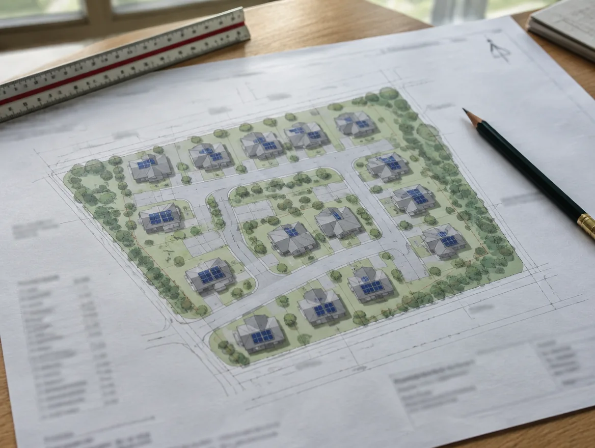 Plano de conjunto habitacional con paneles marcados en cada techo