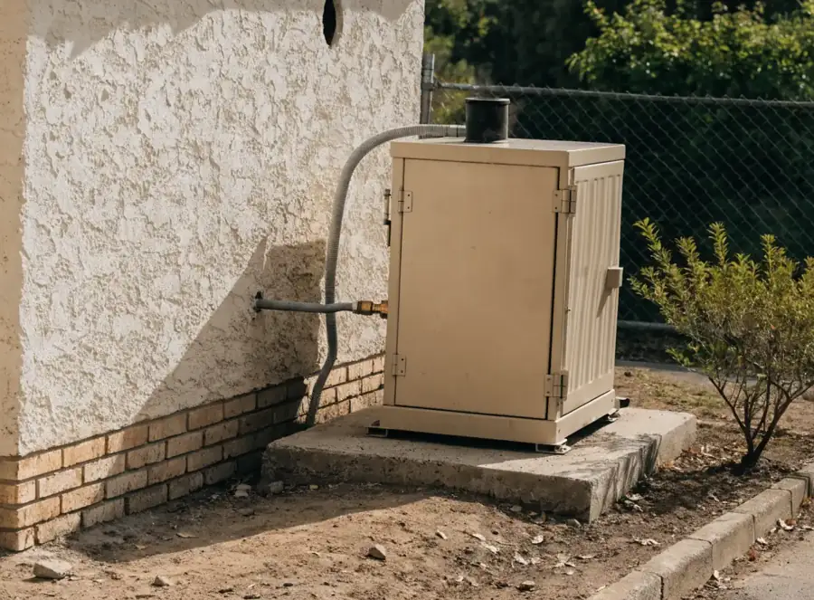 Planta de luz estacionaria de gas instalada en el jardín junto a una casa