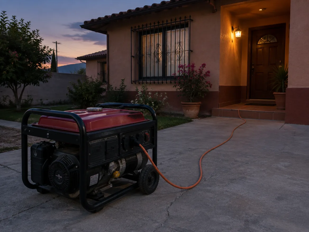 Planta de luz de gasolina en la entrada de una casa al atardecer