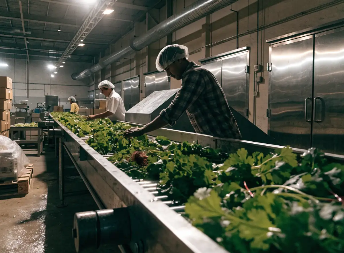 Interior de una planta de empaque agrícola con banda de selección
