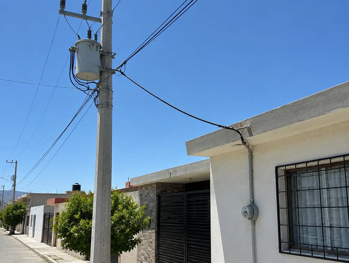 Poste de CFE con transformador y acometida a una casa