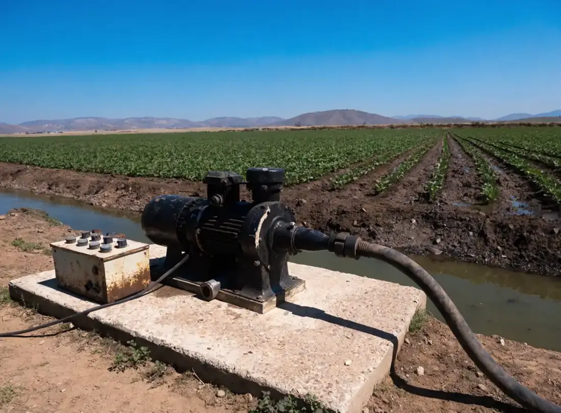 Cabezal de pozo agrícola con bomba y tubería en una parcela