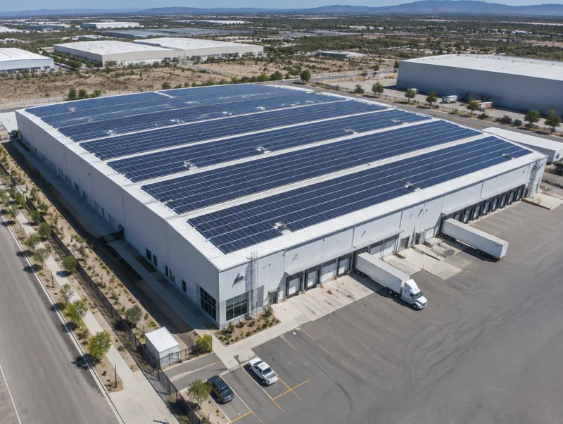 Nave industrial con el techo cubierto de paneles solares