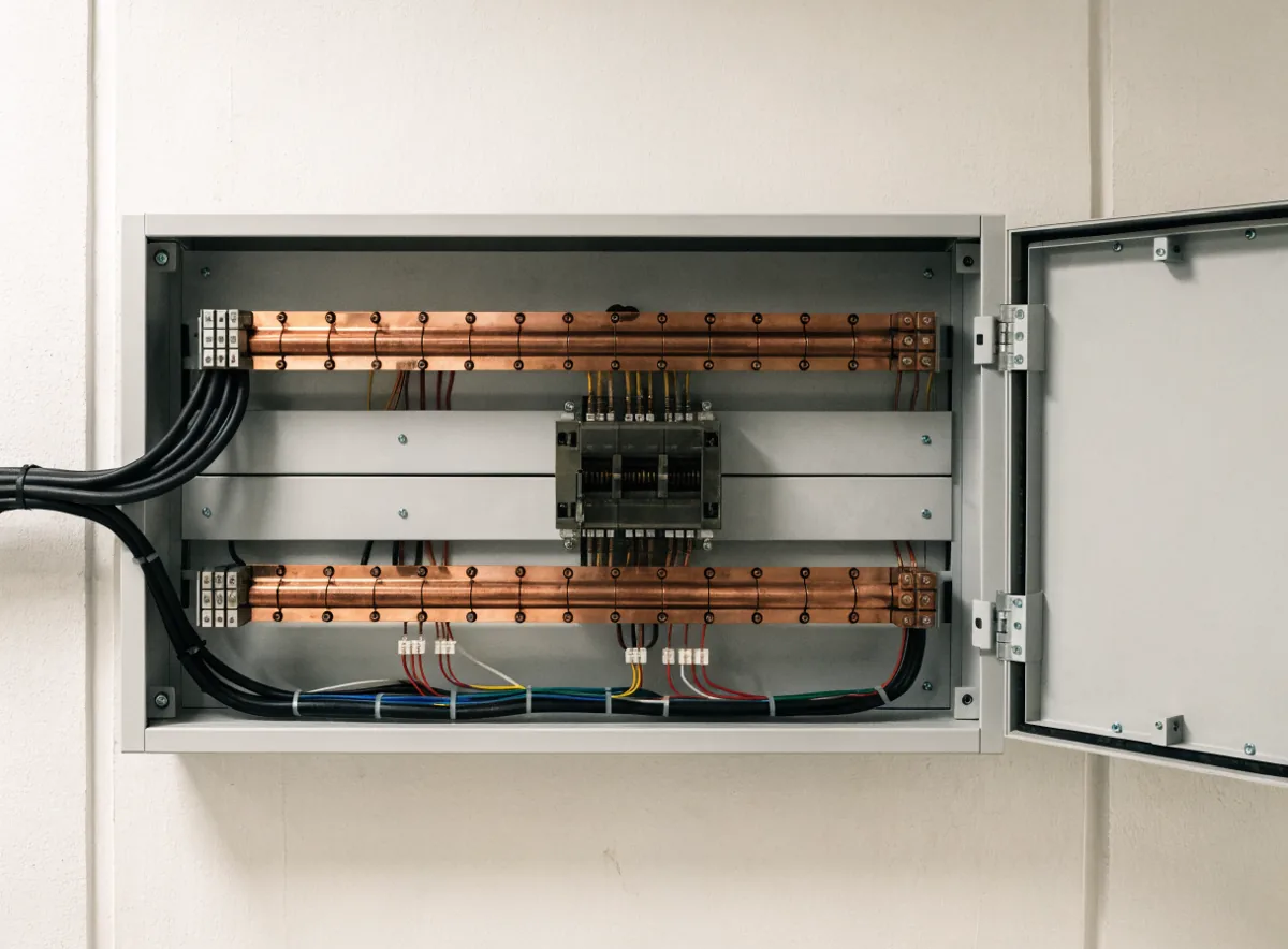 Interior de un tablero de transferencia automática con sus interruptores